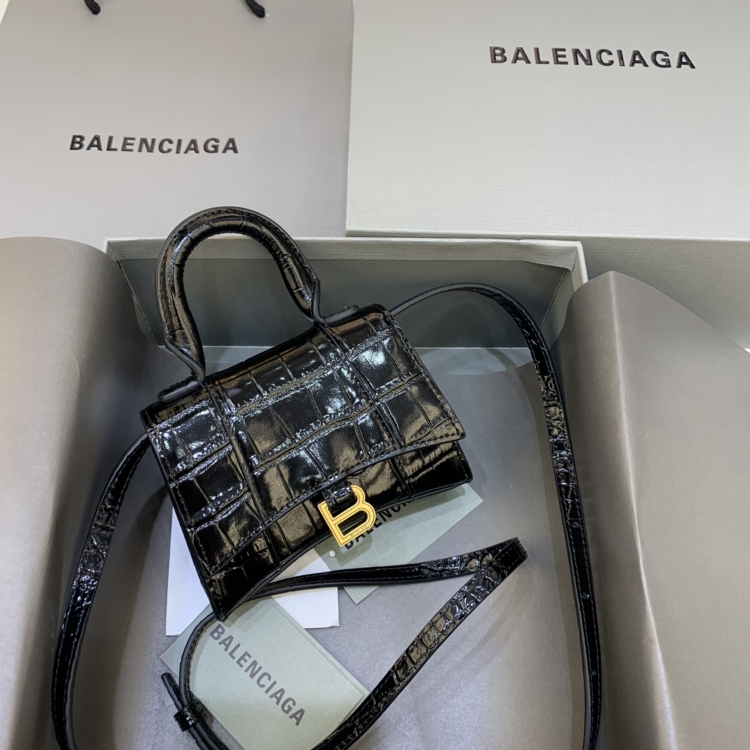 Balenciaga Hourglass Mini Handbag Crocodile Embossed Shoulder Bag Black